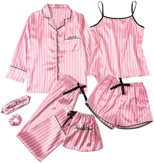 WDIRARA Women'S Silk Satin Pajama Set 4 Pieces Sleepwear Loungewear Pj Sets Apparel & Accessories > Clothing > Sleepwear & Loungewear Kylie Max   