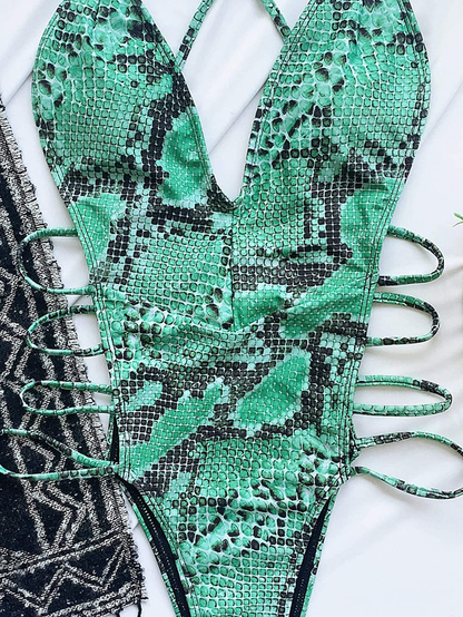 Shein Women'S Snakeskin Bathing Suit One Piece Swimsuit Strappy Bikini Swimwear Apparel & Accessories > Clothing > Swimwear Kylie Max   