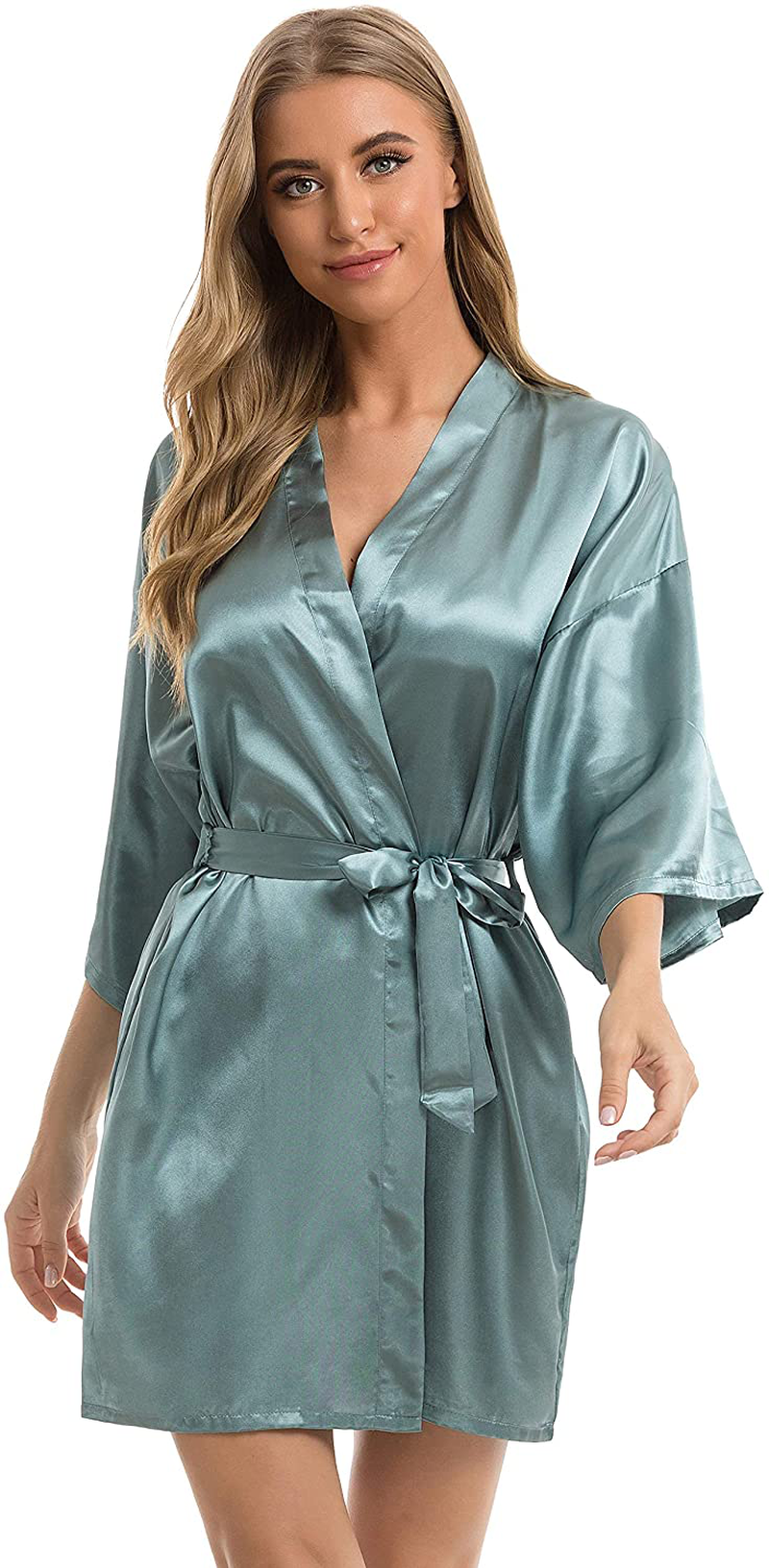 Vlazom Women'S Kimono Robes Short Satin Pure Color Bridal Party Robe with Oblique V-Neck Apparel & Accessories > Clothing > Sleepwear & Loungewear > Robes KYLIE MAX Dark Green XX-Large 