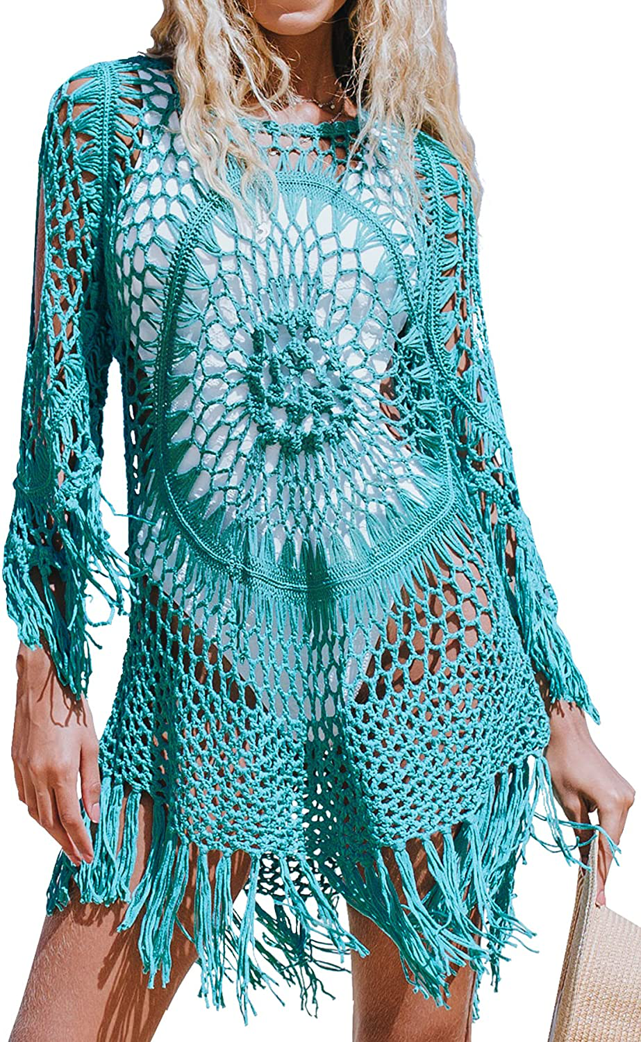 CUPSHE Women'S Cover up White Crochet Hollow Out Tassel Swimsuit Three Quarter Sleeve Apparel & Accessories > Clothing > Swimwear Kylie Max   