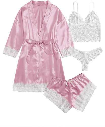 WDIRARA Women'S 4 Pieces Satin Floral Lace Cami Top Lingerie Pajama Set with Robe Apparel & Accessories > Clothing > Underwear & Socks > Lingerie WDIRARA Pink and White X-Large 