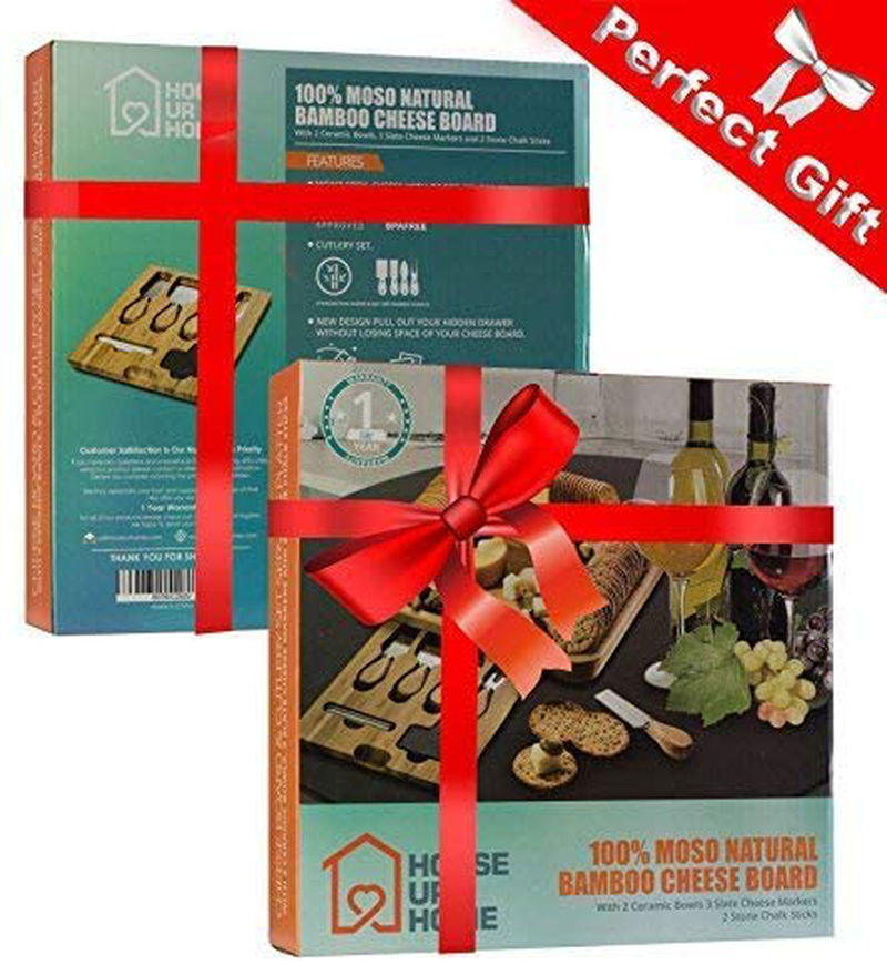 Cheese Board 2 Ceramic Bowls 2 Serving Plates. Magnetic 4 Drawers Bamboo Charcuterie Cutlery Knife Set, 2 Server Forks, Wine Opener, Labels, Markers, Gift for Birthdays, Wedding Registry,Housewarming Arts & Entertainment > Party & Celebration > Gift Giving House Ur Home   