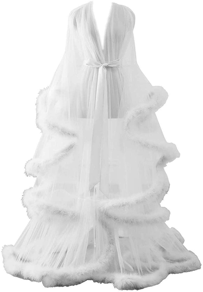 Changuan Sexy Illusion Long Lingerie Robe Nightgown Bathrobe Sleepwear Feather Bridal Robe Wedding Scarf Apparel & Accessories > Clothing > Sleepwear & Loungewear > Robes Changuan   