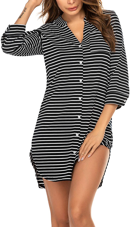 Ekouaer Women'S Nightgown Striped Sleepwear 3/4 Sleeves Nightshirts Soft Button Sleep Dress Apparel & Accessories > Clothing > Sleepwear & Loungewear > Nightgowns Kylie Max   