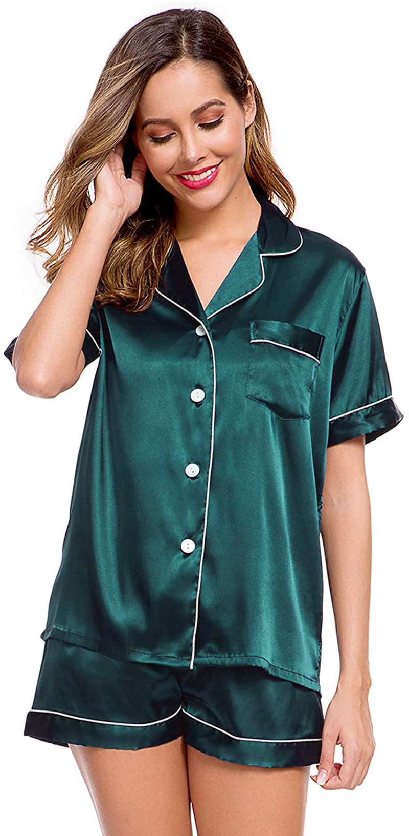 Lecgee Womens Silk Satin Pajamas Short Sleeve Loungewear Two-Piece Sleepwear Button-Down Pj Set Apparel & Accessories > Clothing > Sleepwear & Loungewear > Pajamas Kylie Max   