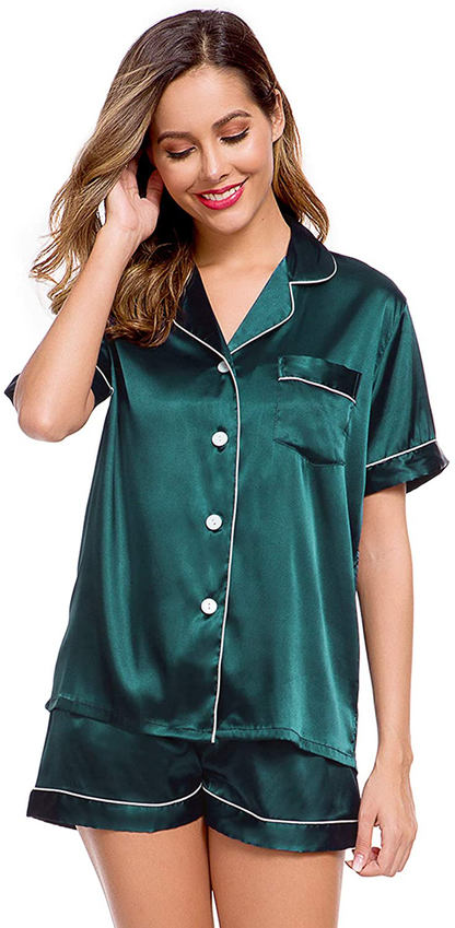 Lecgee Womens Silk Satin Pajamas Short Sleeve Loungewear Two-Piece Sleepwear Button-Down Pj Set Apparel & Accessories > Clothing > Sleepwear & Loungewear > Pajamas Kylie Max   