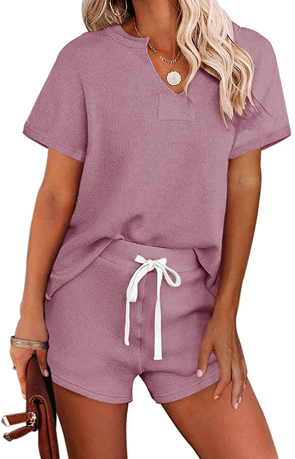 MEROKEETY Women's Long Sleeve Pajama Set Henley Knit Tops and Shorts Sleepwear Loungewear Apparel & Accessories > Clothing > Sleepwear & Loungewear > Pajamas MEROKEETY B-shortpink Medium 