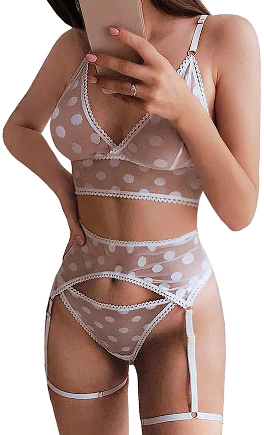 Kaei&Shi Polka Dot Print,Sheer Bralette,Non-Removable Thigh Straps,Garter Belt Lingerie for Women Apparel & Accessories > Clothing > Underwear & Socks > Lingerie Kaei&Shi White 10-12 