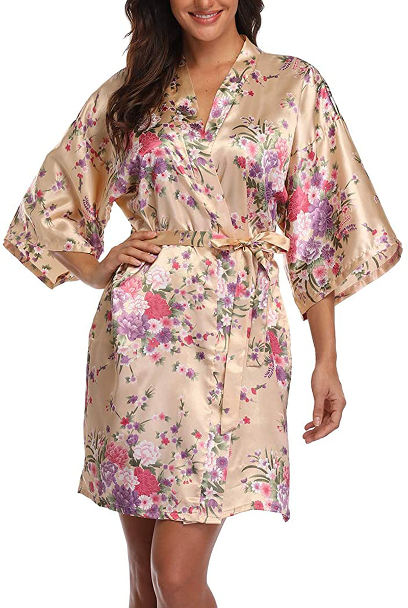 VOGMATE Women'S Floral Satin Short Robe for Bridesmaid Bride Silk Kimono Robe Dressing Gown for Wedding Party Apparel & Accessories > Clothing > Sleepwear & Loungewear > Robes VOGMATE   