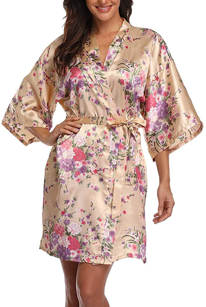 VOGMATE Women'S Floral Satin Short Robe for Bridesmaid Bride Silk Kimono Robe Dressing Gown for Wedding Party Apparel & Accessories > Clothing > Sleepwear & Loungewear > Robes VOGMATE   