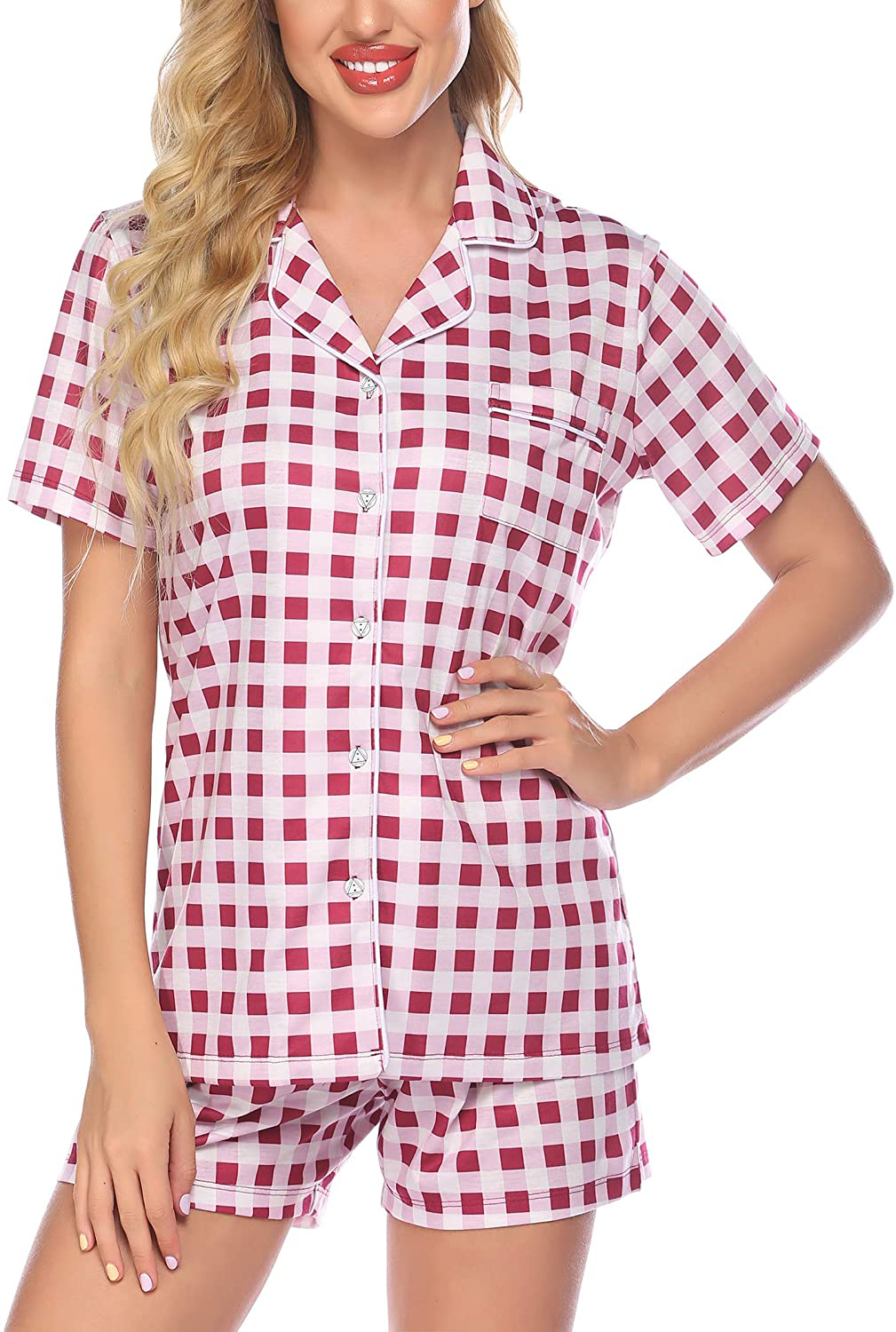 Ekouaer Pajamas Set Short Sleeve Sleepwear Womens Button Down Nightwear Soft Pj Lounge Sets XS-XXL Apparel & Accessories > Clothing > Sleepwear & Loungewear > Pajamas Ekouaer Pat11-pink Plaid Large 