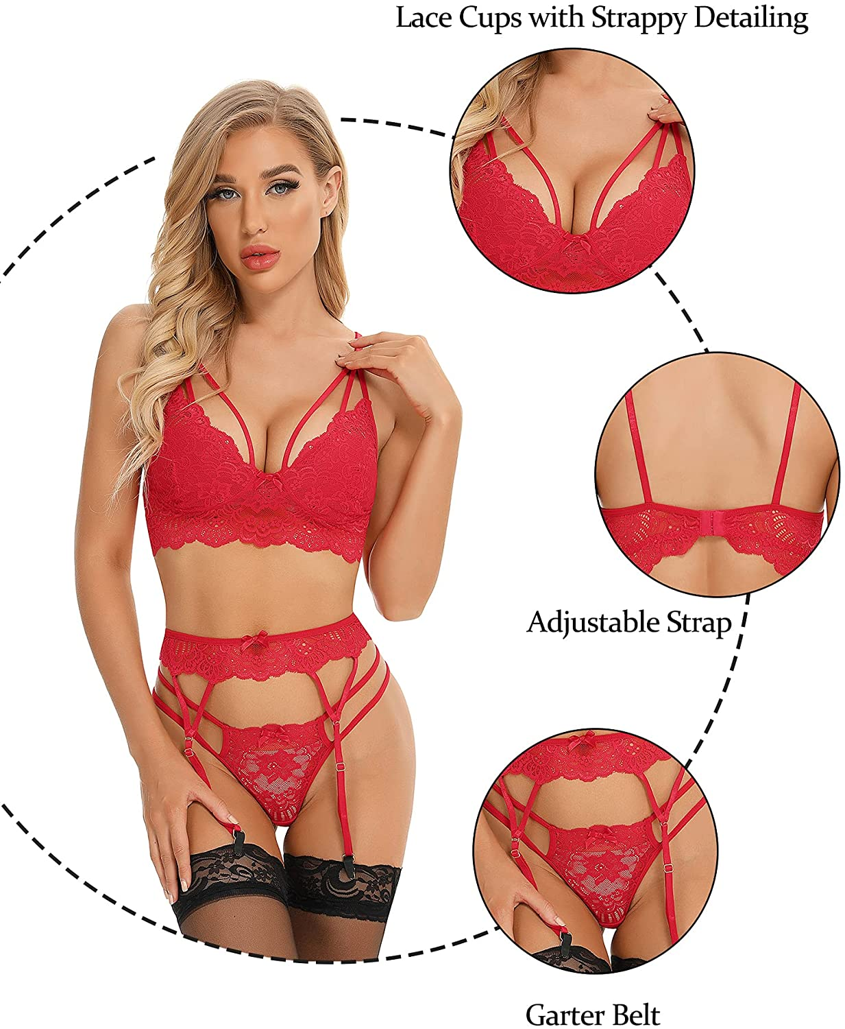 RSLOVE Women Sexy Lingerie Sets with Garter Belt 3 Piece Lace Teddy Babydoll Bodysuit Apparel & Accessories > Clothing > Underwear & Socks > Lingerie KYLIE MAX   