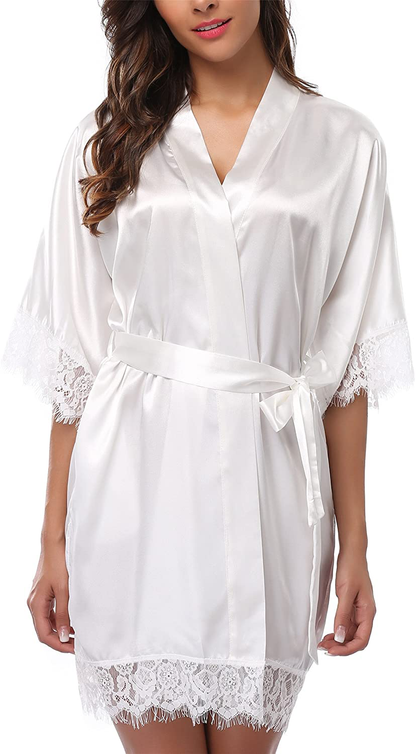 Giova Women'S Lace Trim Kimono Robe Bride Bridesmaids Wedding Shower Satin Short Robe Apparel & Accessories > Clothing > Sleepwear & Loungewear > Robes Giova   