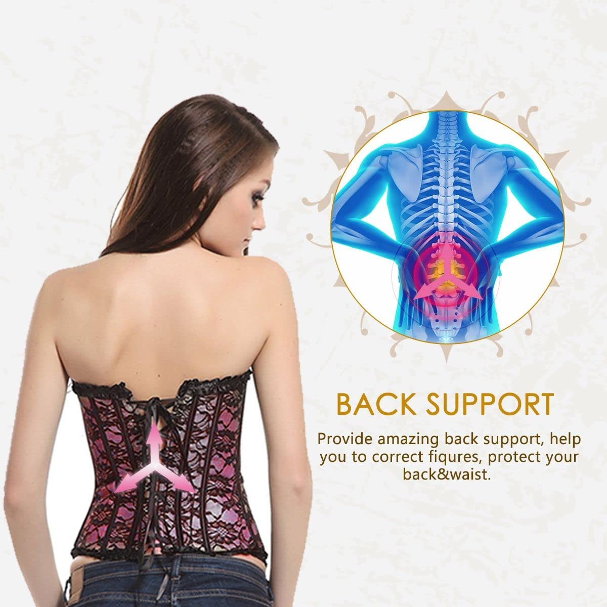 Loboo Idea Women'S Lace up Boned Overbust Corset Bustier Bodyshaper Top, Trim Corset Overbust Waist Cincher Bustier Top Apparel & Accessories > Clothing > Underwear & Socks > Lingerie Loboo Idea   