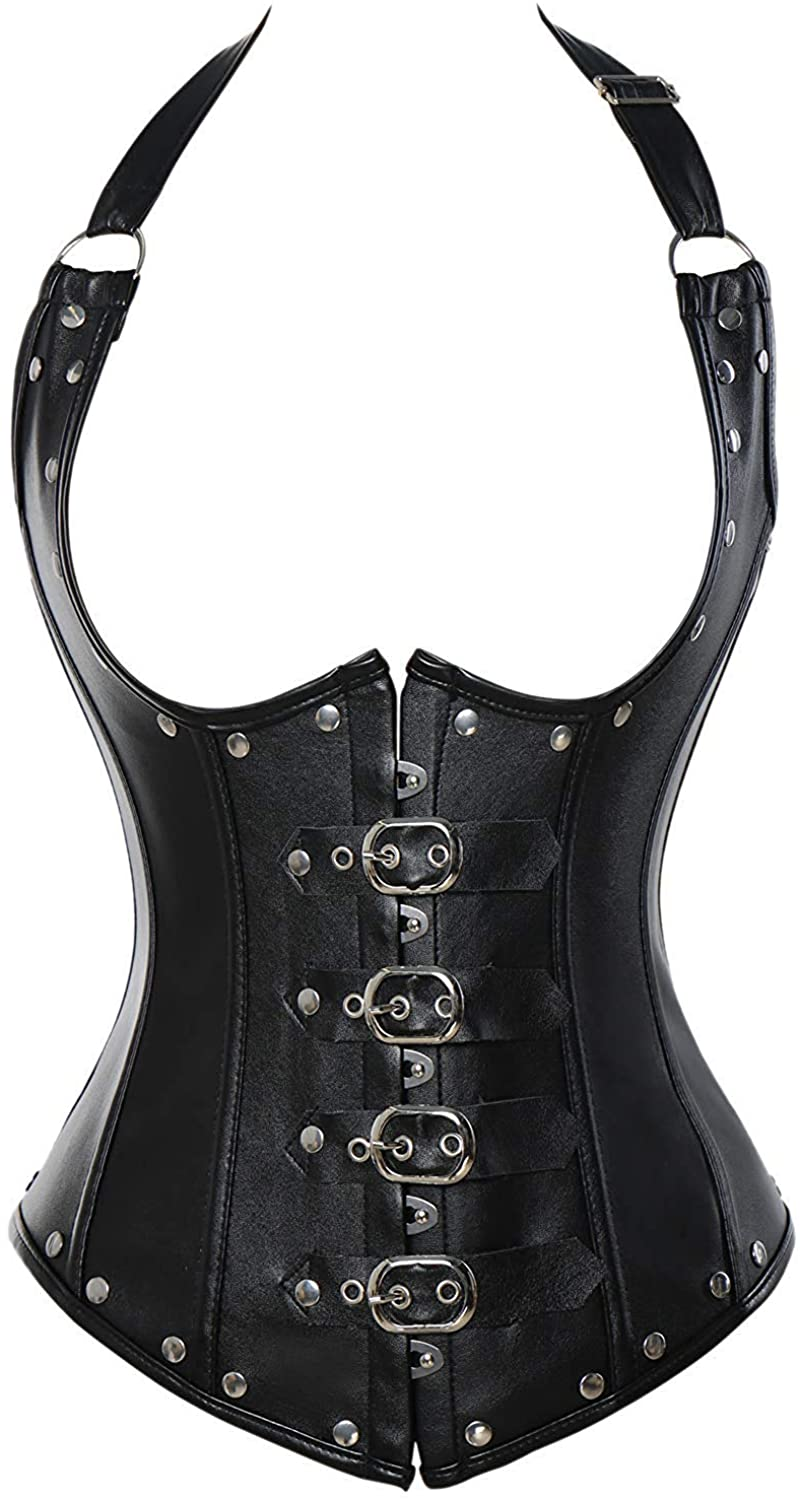 Blidece Women'S Fashion PU Leather Halter Shoulder Straps Underbust Corset Top Apparel & Accessories > Clothing > Underwear & Socks > Lingerie Blidece Black XX-Large 