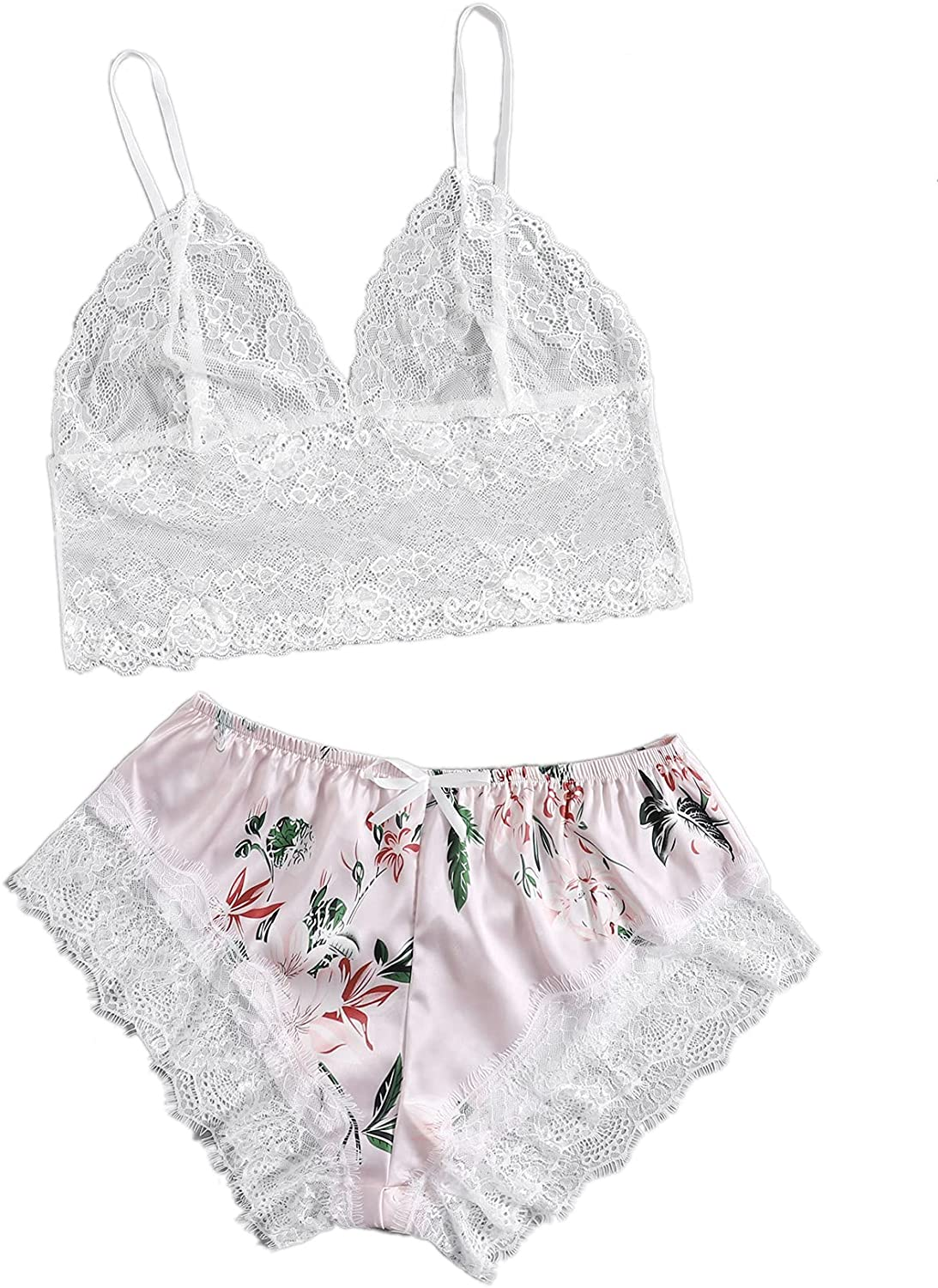 SOLY HUX Women'S plus Size Spaghetti Strap Lace Trim Bralette and Shorts Sleepwear Pajama Lingerie Set Apparel & Accessories > Clothing > Underwear & Socks > Lingerie KYLIE MAX Light Pink Floral 3X-Large Plus 