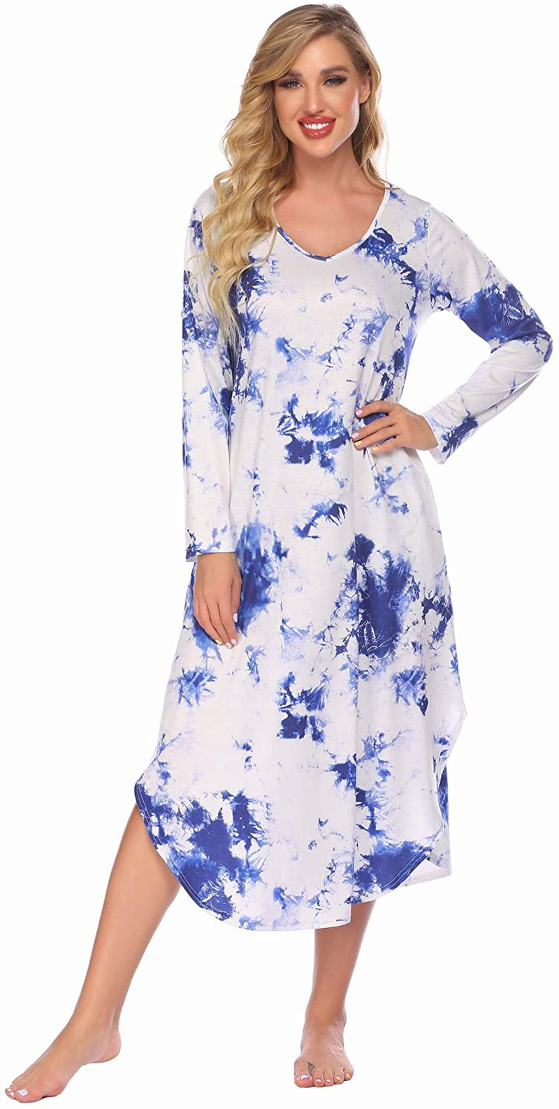 Ekouaer Nightgowns Womens V Neck Nightshirts Long Sleeve Sleepwear plus Size Night Wear S-XXL Apparel & Accessories > Clothing > Sleepwear & Loungewear > Nightgowns Kylie Max   