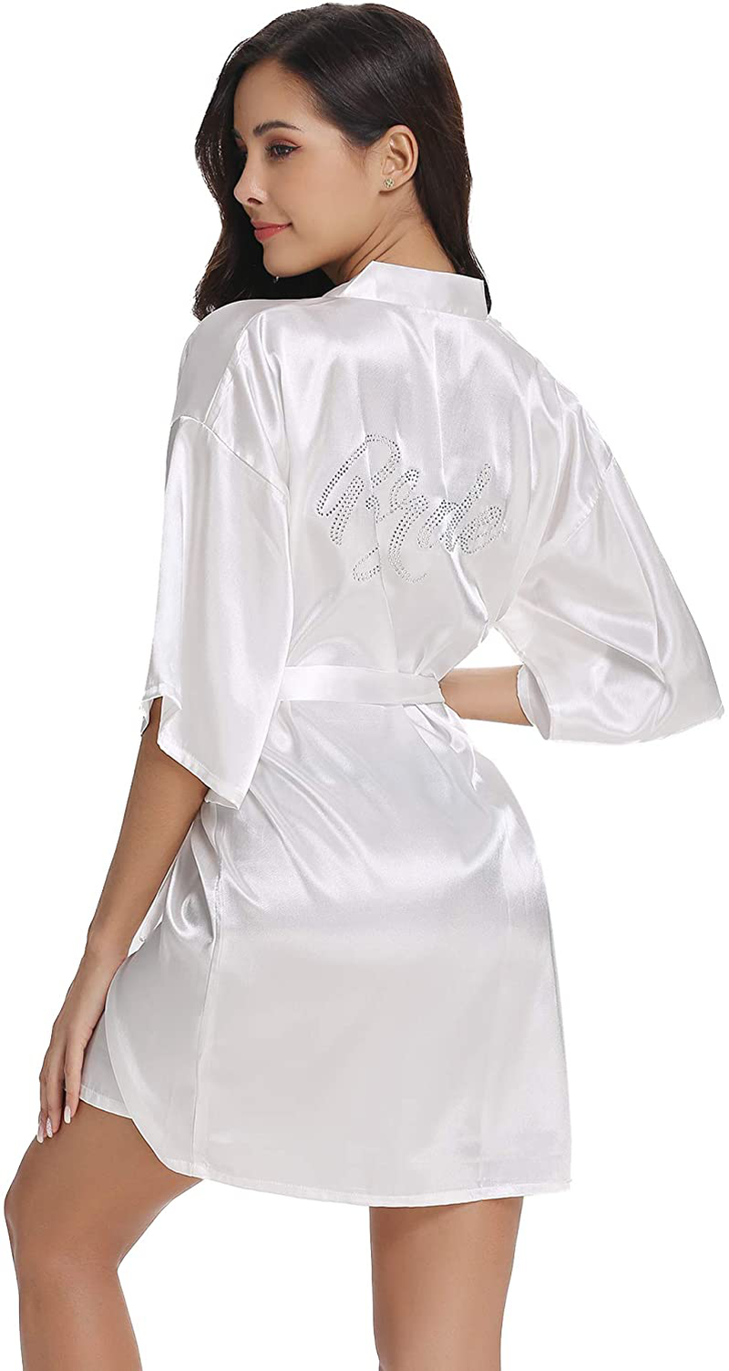 Vlazom Women'S Satin Robe Short Kimono for Bride & Bridesmaid Wedding Party Robes with Gold Glitter or Rhinestones Apparel & Accessories > Clothing > Sleepwear & Loungewear > Robes KYLIE MAX White for Bride（back in Rhinestones） XX-Large 
