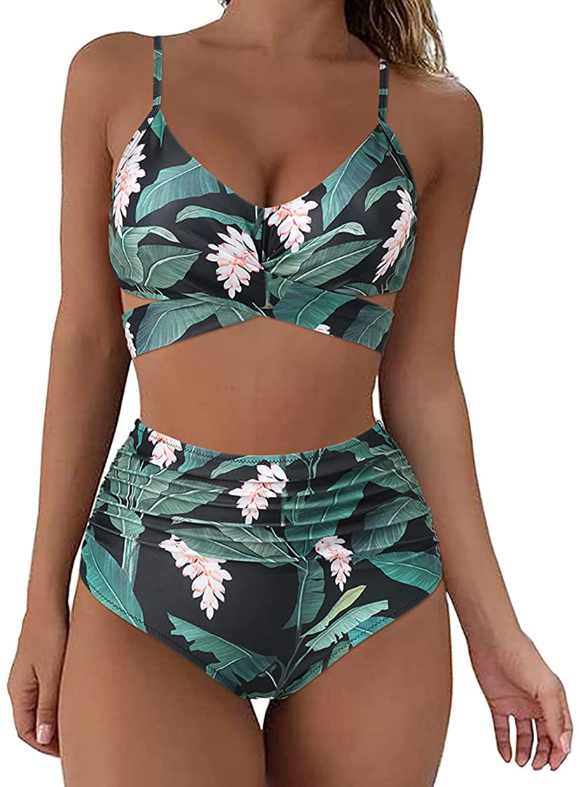 SUUKSESS Women Wrap Bikini Set Push Up High Waisted 2 Piece Swimsuits Apparel & Accessories > Clothing > Swimwear SUUKSESS 87 Tropical Floral 8-10 
