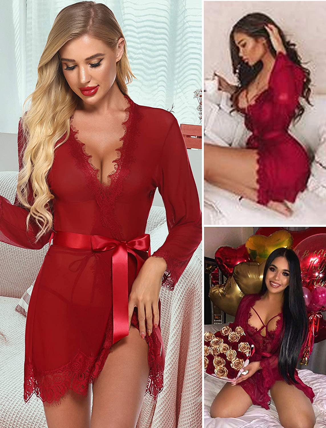 Avidlove Sexy Lace Robe Kimono Mesh Nightgown Babydoll Lingerie Set Apparel & Accessories > Clothing > Sleepwear & Loungewear > Robes Kylie Max   