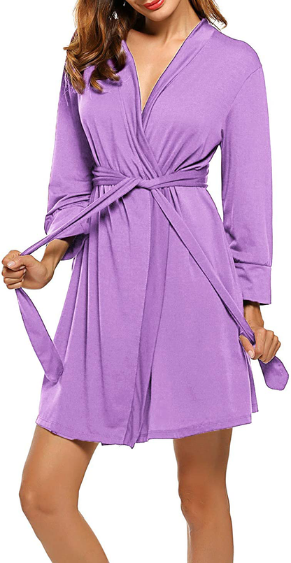Hotouch Womens Robe Lightweight Kimono Robes Short Knit Bathrobe Soft Sleepwear Ladies Loungewear S-XXL Apparel & Accessories > Clothing > Sleepwear & Loungewear > Robes Hotouch Lilac Small 