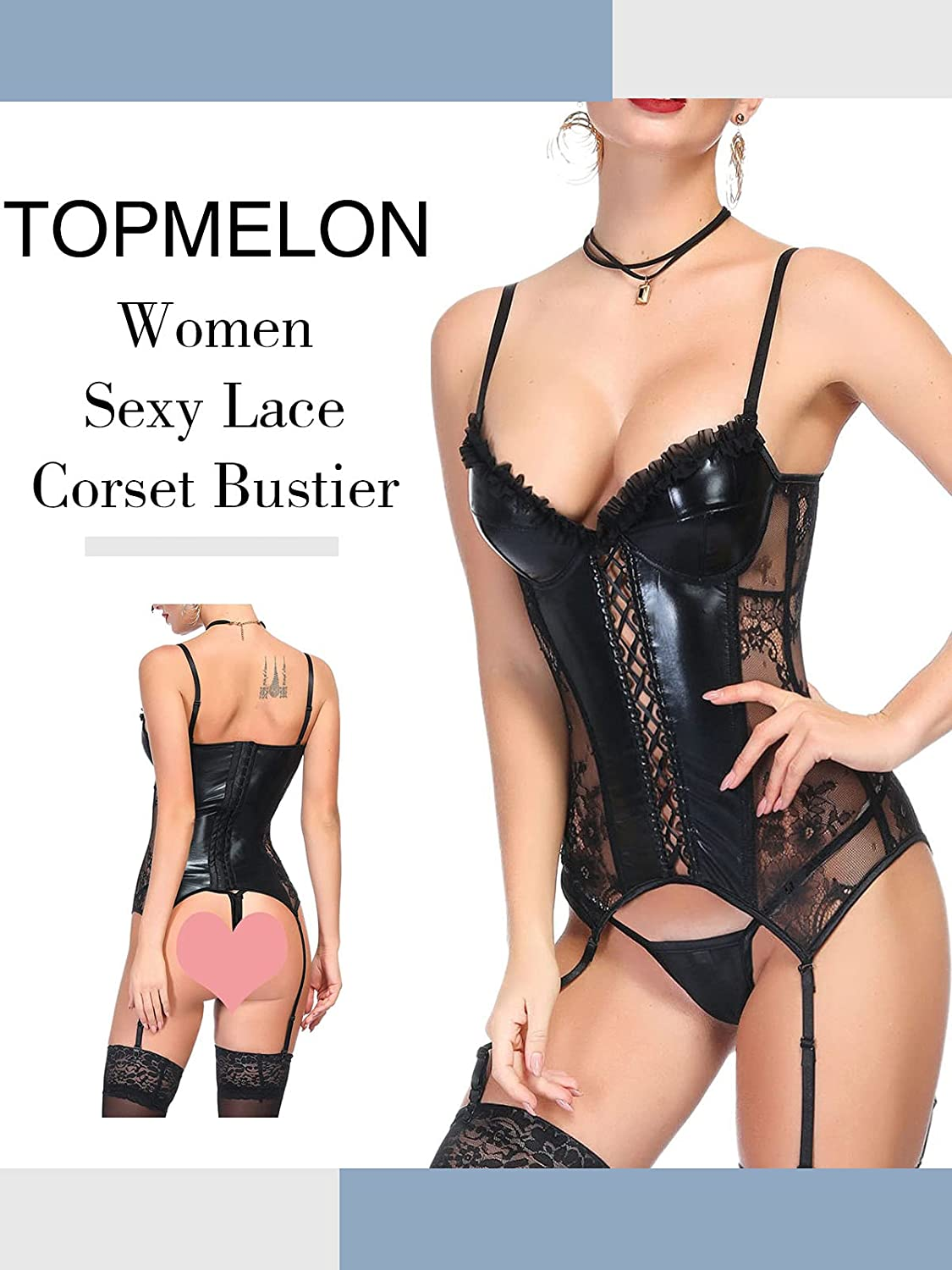 TOPMELON Sexy Corset Leather Lingerie for Women Gothic Black Bustiers & Corsets Gater Belt Apparel & Accessories > Clothing > Underwear & Socks > Lingerie TOPMELON   