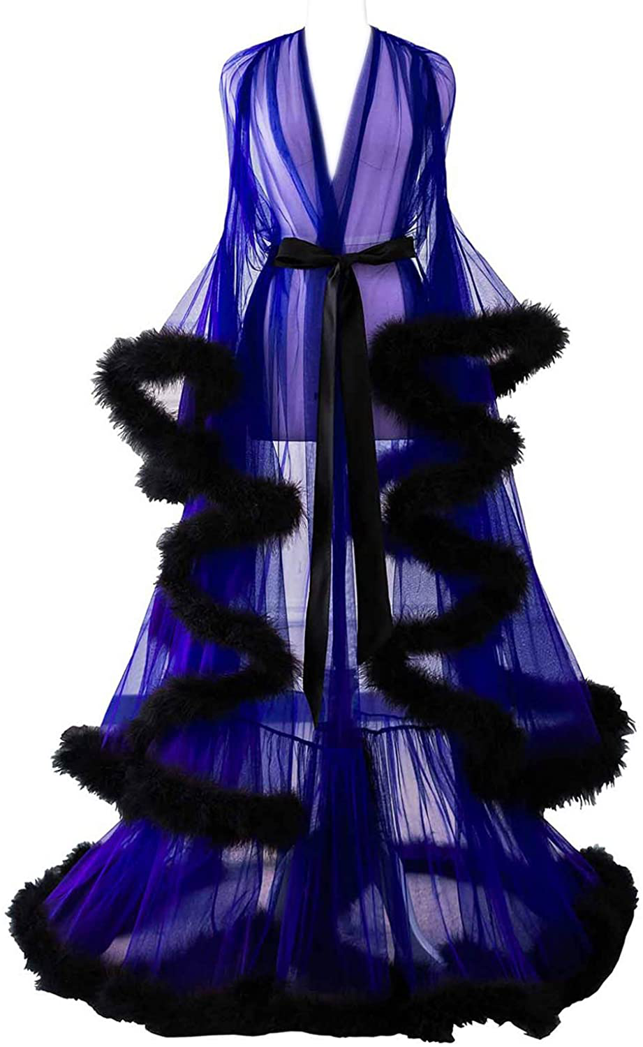 Changuan Sexy Illusion Long Lingerie Robe Nightgown Bathrobe Sleepwear Feather Bridal Robe Wedding Scarf Apparel & Accessories > Clothing > Sleepwear & Loungewear > Robes Changuan Royal Blue-black 4X-Large 