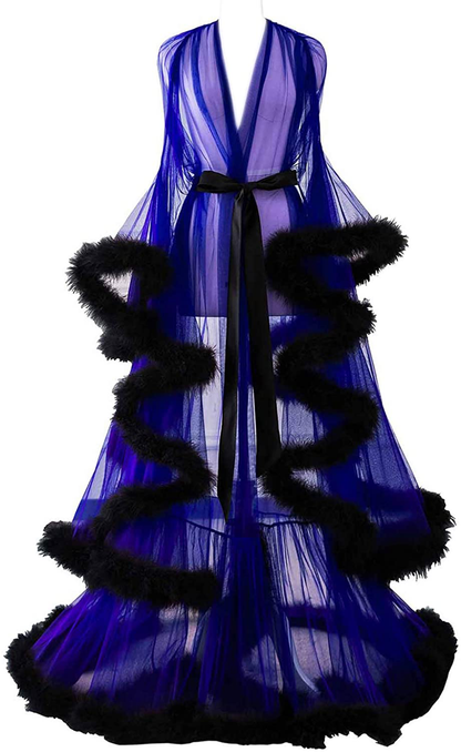 Changuan Sexy Illusion Long Lingerie Robe Nightgown Bathrobe Sleepwear Feather Bridal Robe Wedding Scarf Apparel & Accessories > Clothing > Sleepwear & Loungewear > Robes Changuan Royal Blue-black 4X-Large 