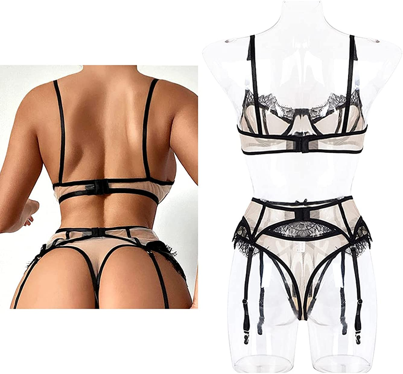 Kaei&Shi Floral Lace Patchwork,Underwire,High Waisted Belt,Thong,Garter Lingerie Set Apparel & Accessories > Clothing > Underwear & Socks > Lingerie Kaei&Shi   