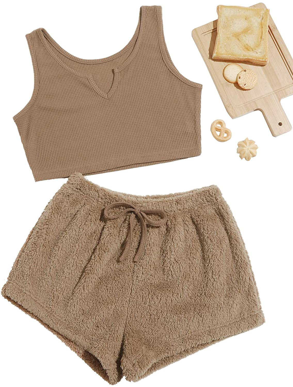 Verdusa Women'S 2 Piece PJ Set Notched Tank Top & Teddy Shorts Fuzzy Lounge Pajama Set Apparel & Accessories > Clothing > Sleepwear & Loungewear Kylie Max   