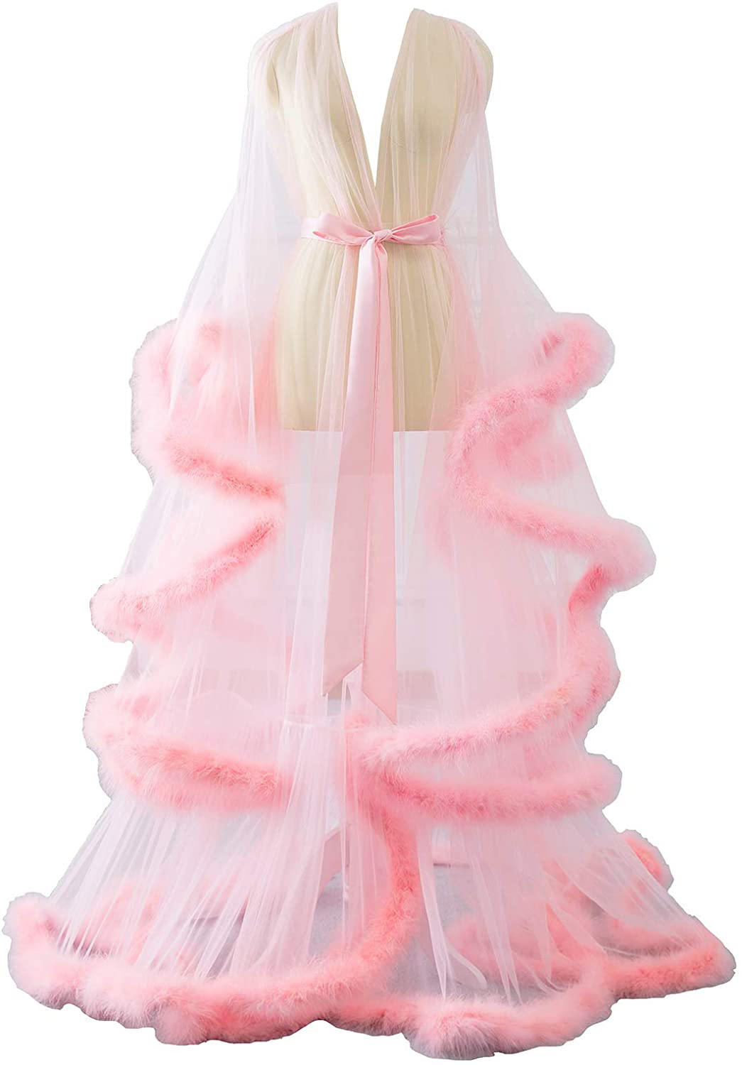 Changuan Sexy Illusion Long Lingerie Robe Nightgown Bathrobe Sleepwear Feather Bridal Robe Wedding Scarf Apparel & Accessories > Clothing > Sleepwear & Loungewear > Robes Changuan Blush Small-Medium 