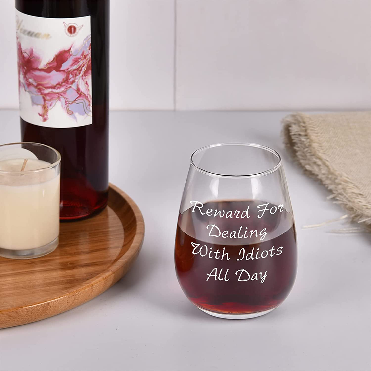 Futtumy Reward For Dealing With Idiots All Day Stemless Wine Glass 15oz, Funny Wine Glass for Men Women Friend Coworker, Novelty Christmas Gift Birthday Gift Gag Gift White Elephant Exchange Gift Arts & Entertainment > Party & Celebration > Gift Giving Futtumy   
