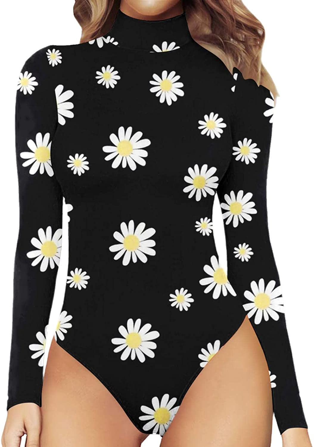 Burband Womens One Piece Playsuits Turtleneck Basic Bodysuit Sunflower High Neck Long Sleeve Slim Fit Leotard Rompers Apparel & Accessories > Clothing > Underwear & Socks > Shapewear Burband Black Large 
