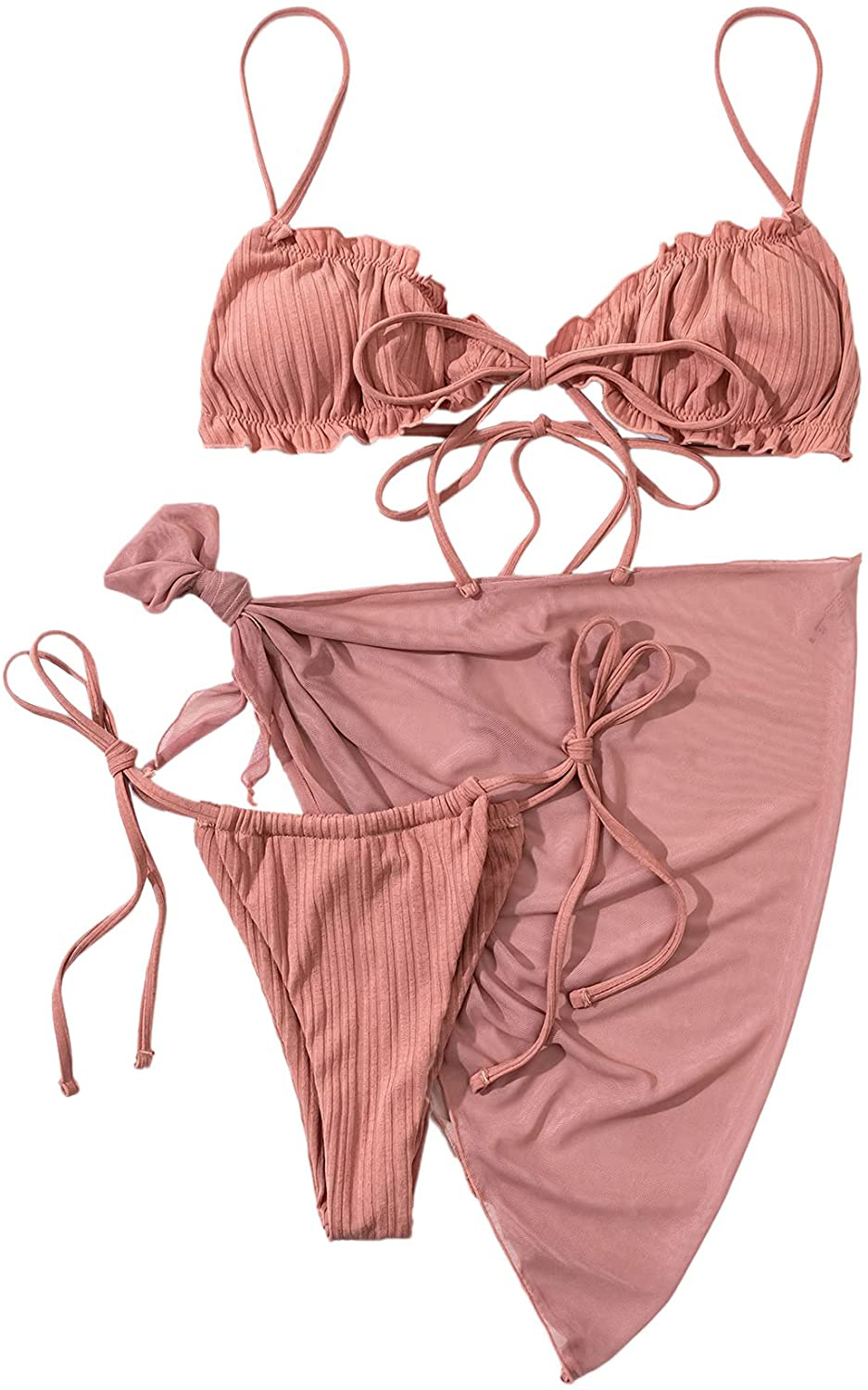 SOLY HUX Women's Wrap Triangle Bikini Bathing Suits with Mesh Beach Skirt 3 Piece Swimsuits Apparel & Accessories > Clothing > Swimwear KYLIE MAX Rusty Rose X-Small 