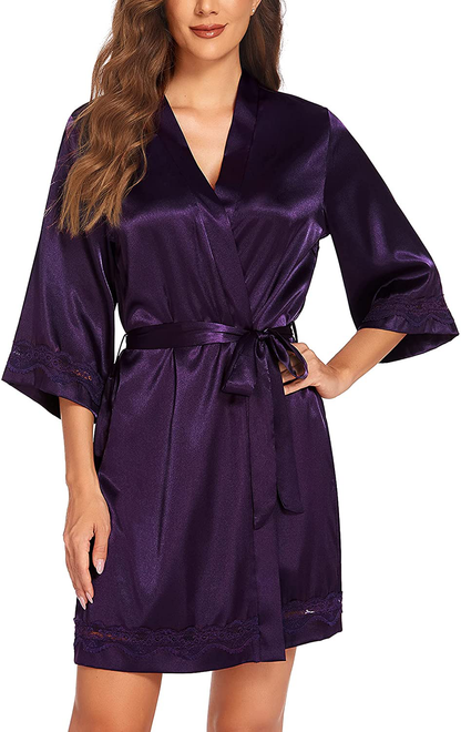 Ekouaer Women'S Lace-Trim Kimono Style Short Satin Robe Sleepwear with 3/4 Sleeve Apparel & Accessories > Clothing > Sleepwear & Loungewear > Robes Kylie Max   