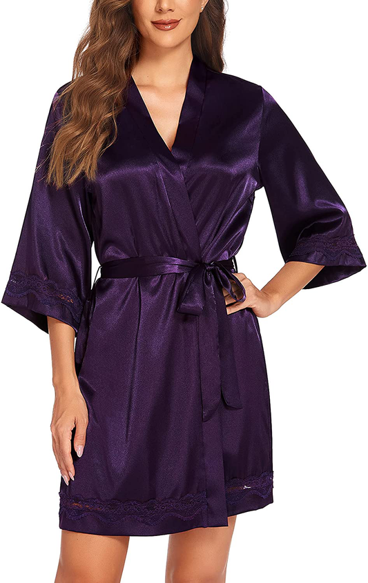 Ekouaer Women'S Lace-Trim Kimono Style Short Satin Robe Sleepwear with 3/4 Sleeve Apparel & Accessories > Clothing > Sleepwear & Loungewear > Robes Kylie Max   
