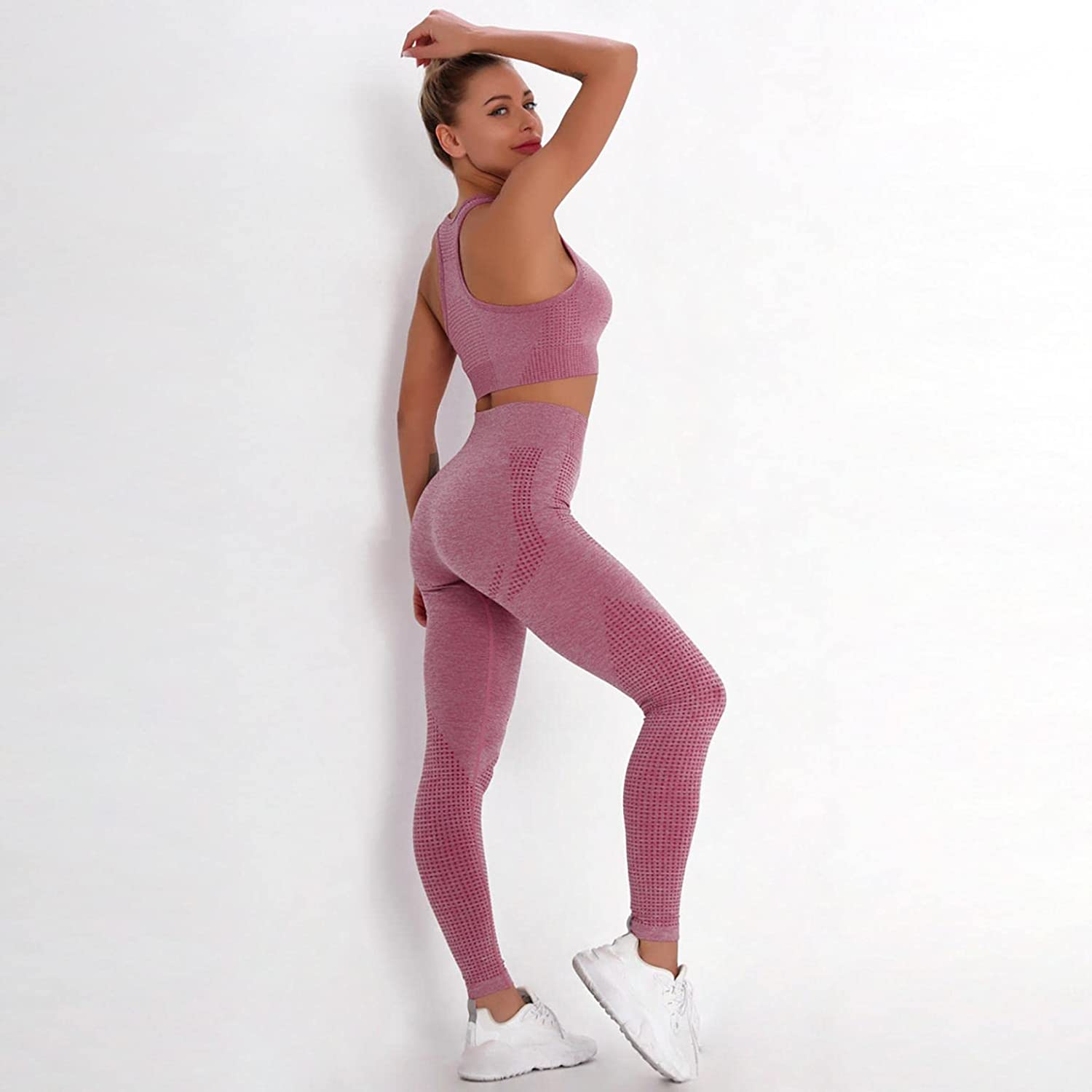 Burband Womens Ribbed Seamless Yoga Outfits 2 Piece Tracksuits Sports Bra Seamless Leggings Yoga Gym Workout Set Activewear Apparel & Accessories > Clothing > Underwear & Socks > Shapewear Burband   