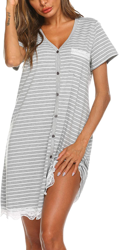 Ekouaer Women'S Nightgown Striped Tee Short Sleeve Cotton Sleep Nightshirt Button down Pajama Dress S-XXXL Apparel & Accessories > Clothing > Sleepwear & Loungewear > Nightgowns Kylie Max   
