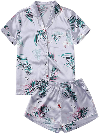 Floerns Women's Notch Collar Palm Leaf Print Sleepwear Two Piece Pajama Set Apparel & Accessories > Clothing > Sleepwear & Loungewear > Pajamas Floerns Purple X-Large 