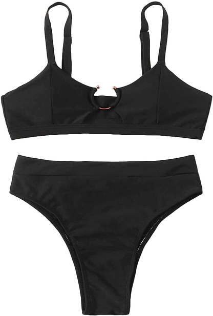 SOLY HUX Women's Print Tie Back Triangle Bikini Bathing Suits 2 Piece Swimsuits Apparel & Accessories > Clothing > Swimwear KYLIE MAX Black Ring Large 