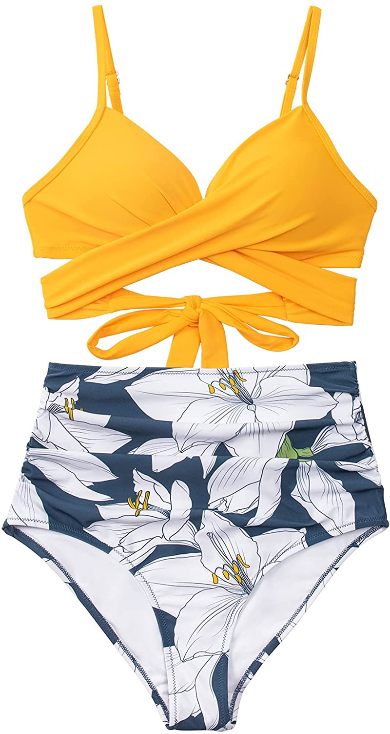 CUPSHE Women's High Waist Bikini Swimsuit Floral Print Tie Two Piece Bathing Suit Apparel & Accessories > Clothing > Swimwear CUPSHE Yellow X-Large 