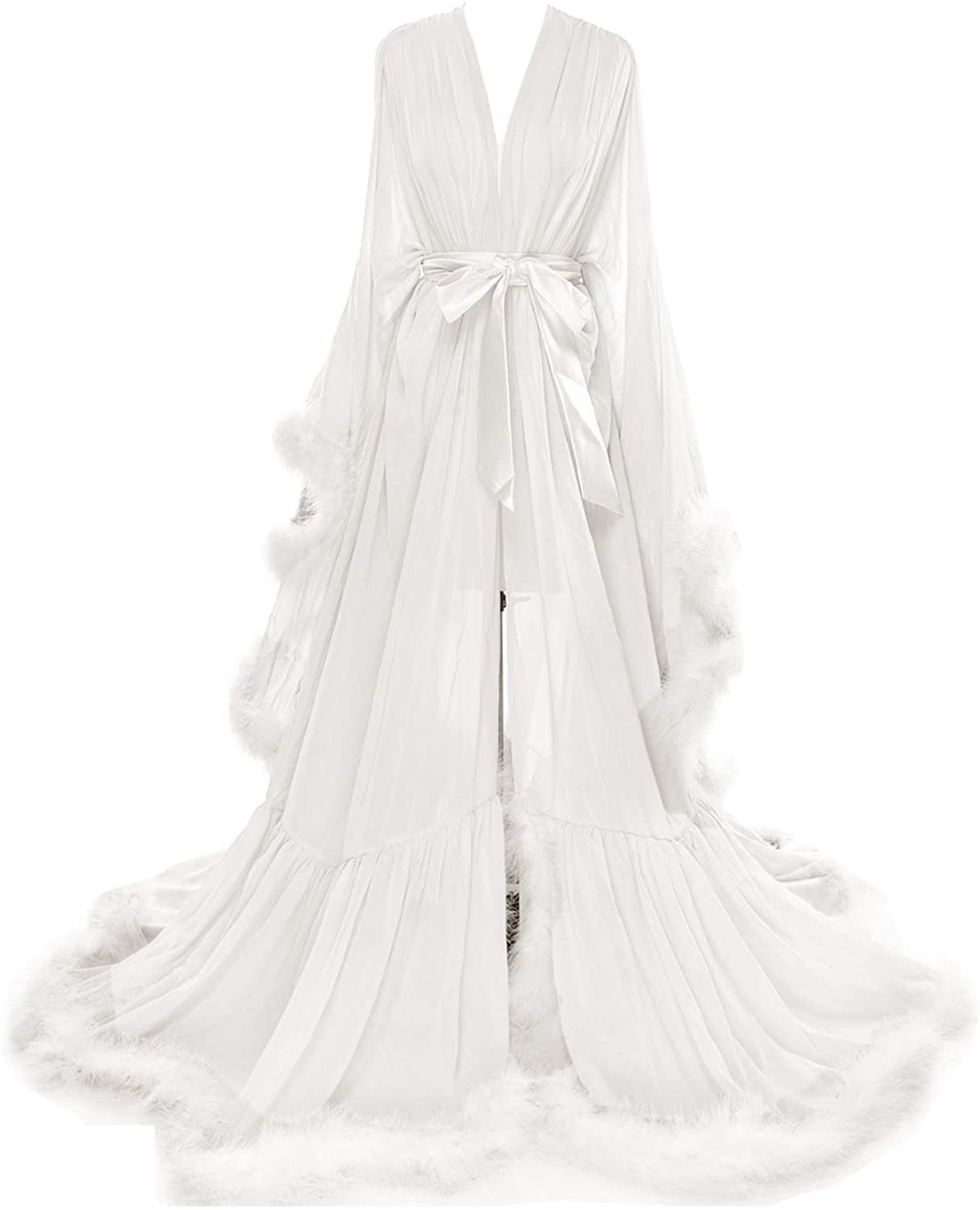 Molisa Women'S Sexy Feather Bridal Robe Long Wedding Scarf Illusion Bathrobe Sleepwear Lingerie Robe Nightgown Apparel & Accessories > Clothing > Sleepwear & Loungewear > Robes Molisa   