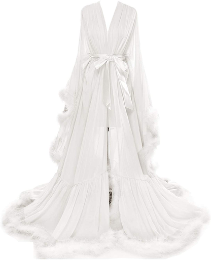 Molisa Women'S Sexy Feather Bridal Robe Long Wedding Scarf Illusion Bathrobe Sleepwear Lingerie Robe Nightgown Apparel & Accessories > Clothing > Sleepwear & Loungewear > Robes Molisa   