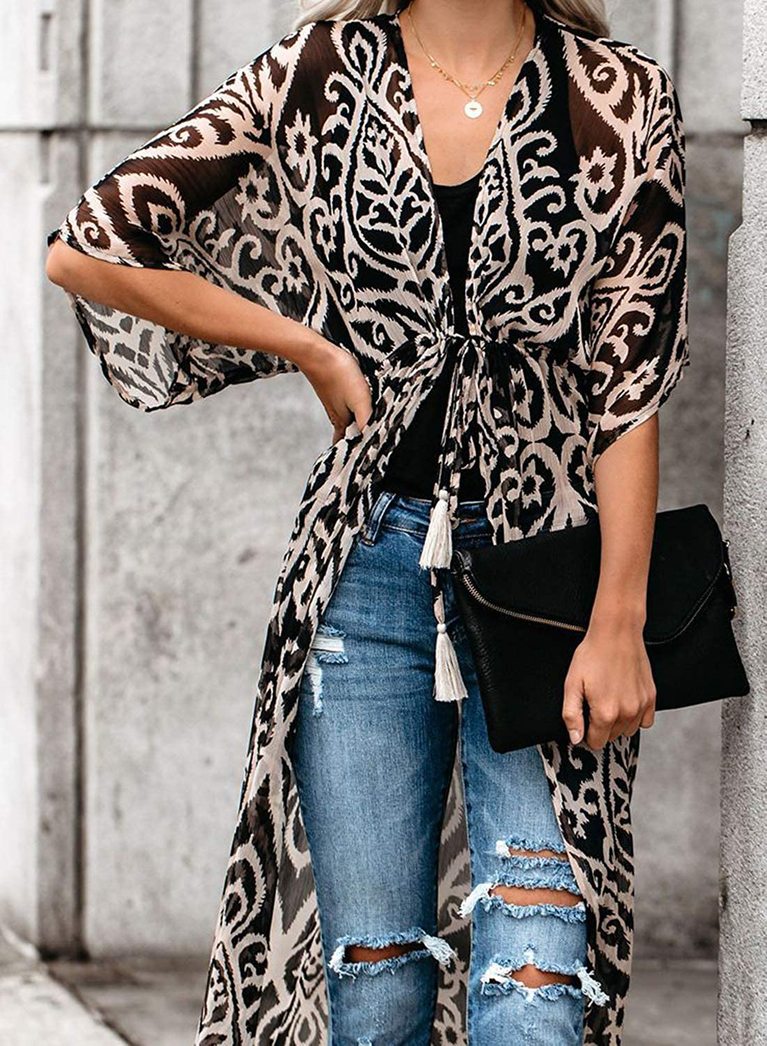 Dokotoo Womens 2022 Fashion Print Kimono Tassel Casual Cardigan Loose Cover Up Apparel & Accessories > Clothing > Swimwear Kylie Max   