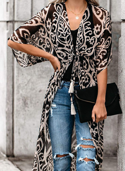 Dokotoo Womens 2022 Fashion Print Kimono Tassel Casual Cardigan Loose Cover Up Apparel & Accessories > Clothing > Swimwear Kylie Max   