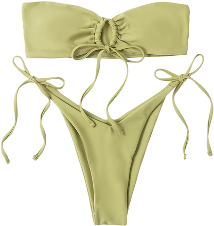 SOLY HUX Women's Floral Print Tie Front Bikini Bathing Suit 2 Piece Swimsuits Apparel & Accessories > Clothing > Swimwear KYLIE MAX Olive Green Medium 