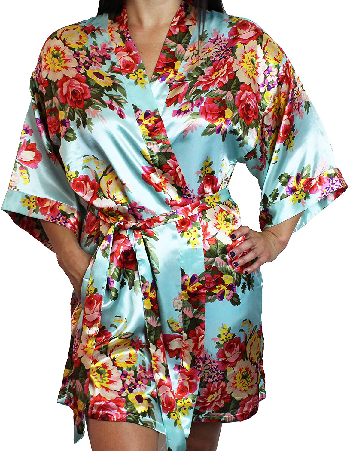 Women'S Floral Satin Kimono Short Bridesmaid Robe with Pockets - Silky Touch Apparel & Accessories > Clothing > Sleepwear & Loungewear > Robes Ms Lovely   