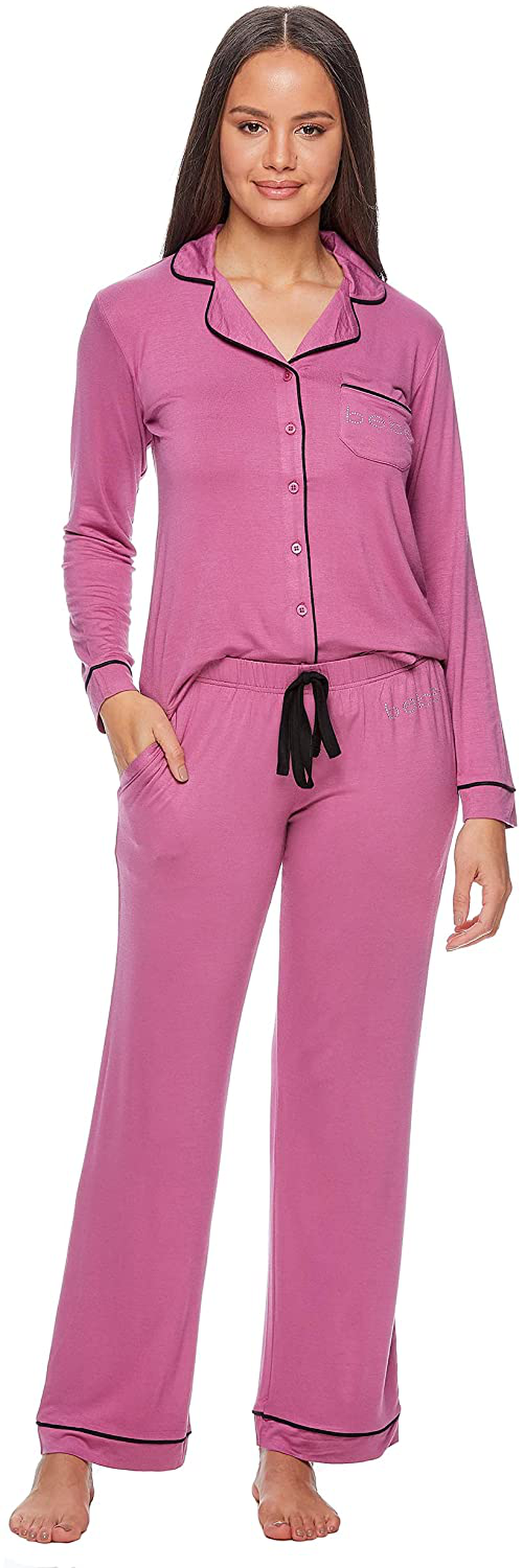 bebe Womens Button Down Long Sleeve Shirt and Pajama Pants Lounge Sleep Set Apparel & Accessories > Clothing > Sleepwear & Loungewear > Pajamas bebe Mauve Pink X-Large 