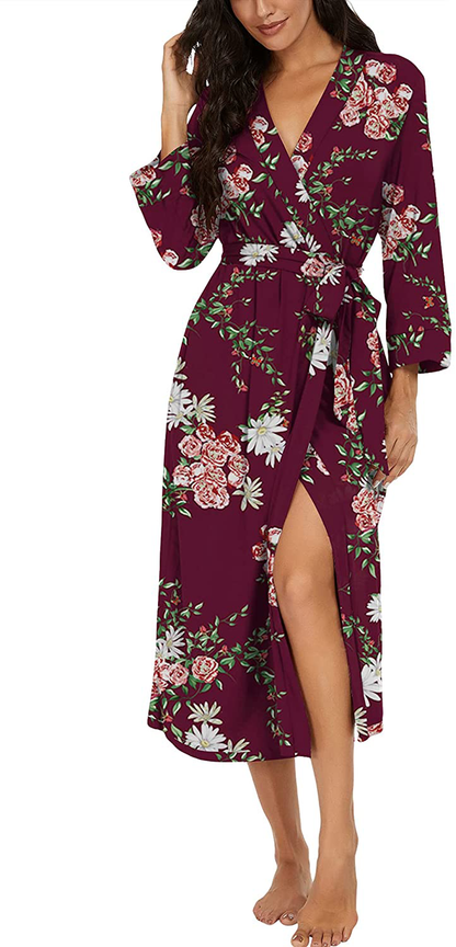 VINTATRE Women Kimono Robes Long Knit Bathrobe Lightweight Soft Knit Sleepwear V-Neck Casual Ladies Loungewear Apparel & Accessories > Clothing > Sleepwear & Loungewear > Robes VINTATRE B05 Fp-wine Red X-Large 