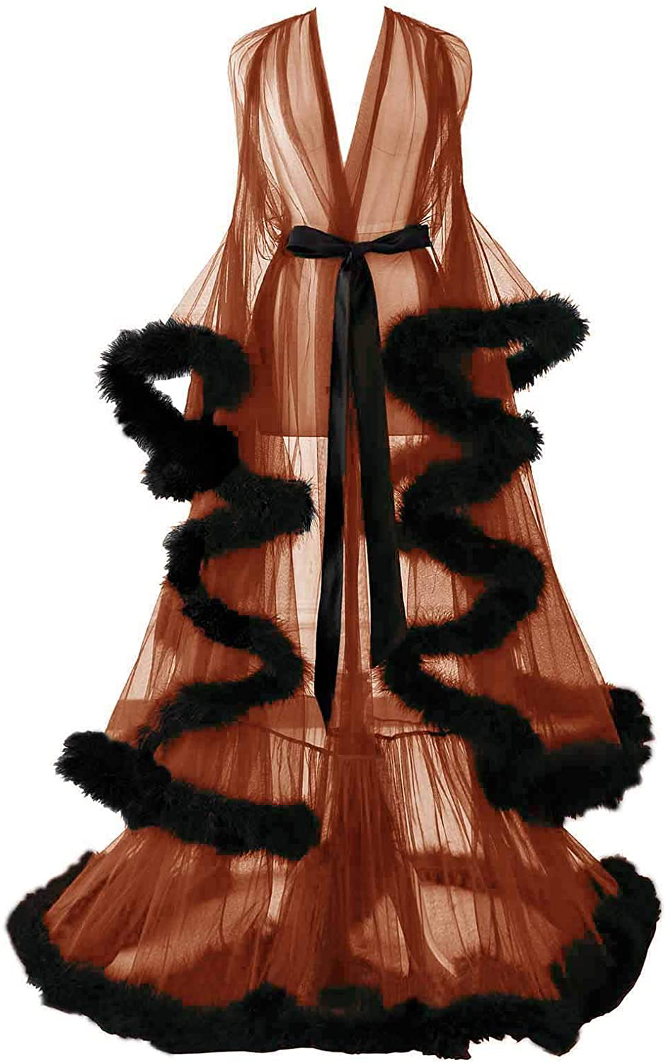 Changuan Sexy Illusion Long Lingerie Robe Nightgown Bathrobe Sleepwear Feather Bridal Robe Wedding Scarf Apparel & Accessories > Clothing > Sleepwear & Loungewear > Robes Changuan Burnt Orange-black 4X-Large 